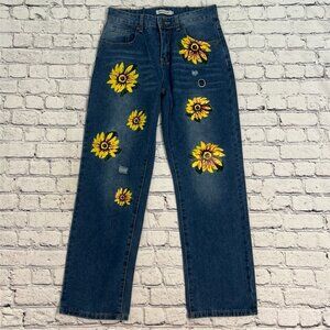Misslook high rise sunflower embellished‎ Distressed Denim Jeans Size Large
